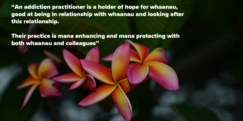 "An addiction practitioner is a holder of hope for whaanau, good at being in relationship with whaanau and looking after this relationship. Their practice is mana enhancing and mana protecting with both whaanau and colleagues"